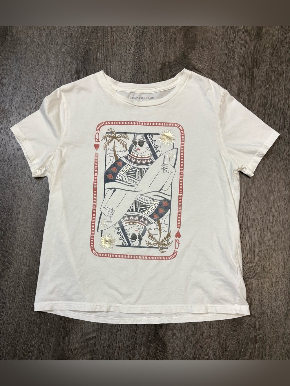 Lucky Brand T-Shirt Women Large Surf Queen Of Heart Playing Card Graphic White*
